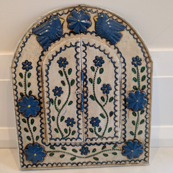 Mexican Folk Art Blue and Silver Tin Mirror with birds, flowers and vines - Picture 2 of 10